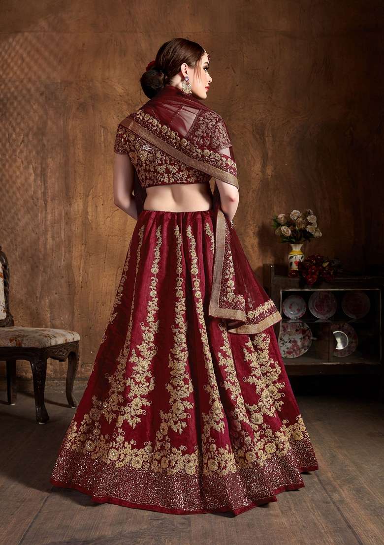 Maroon Sequin Embroidered Work Raw Silk Blend Lehenga Set for Diwali and Festive Wear - Indya