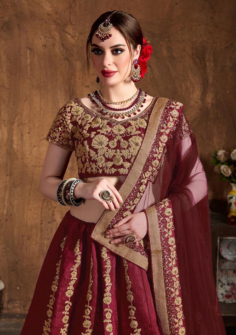 Maroon Sequin Embroidered Work Raw Silk Lehenga Set - Indya