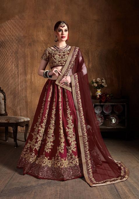 Maroon Sequin Embroidered Work Raw Silk Lehenga Set