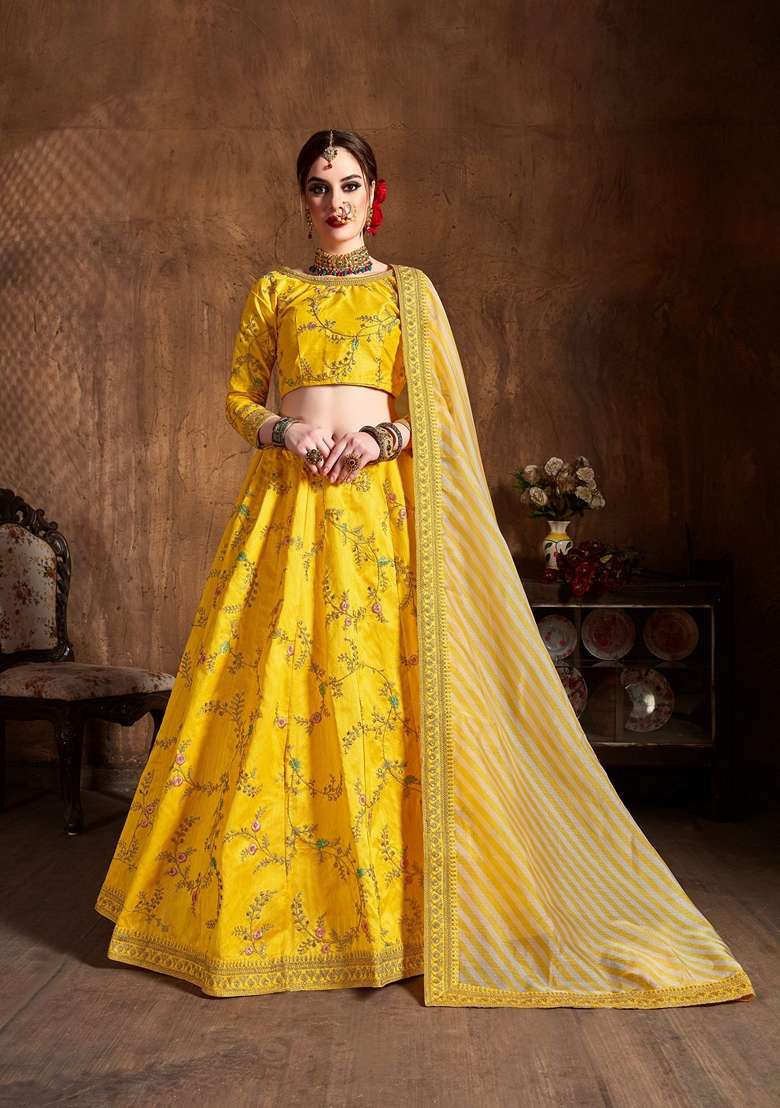 Yellow Zari And Sequin Embroidered Mulberry Silk Blend Lehenga Set for Diwali and Festive Wear - Indya