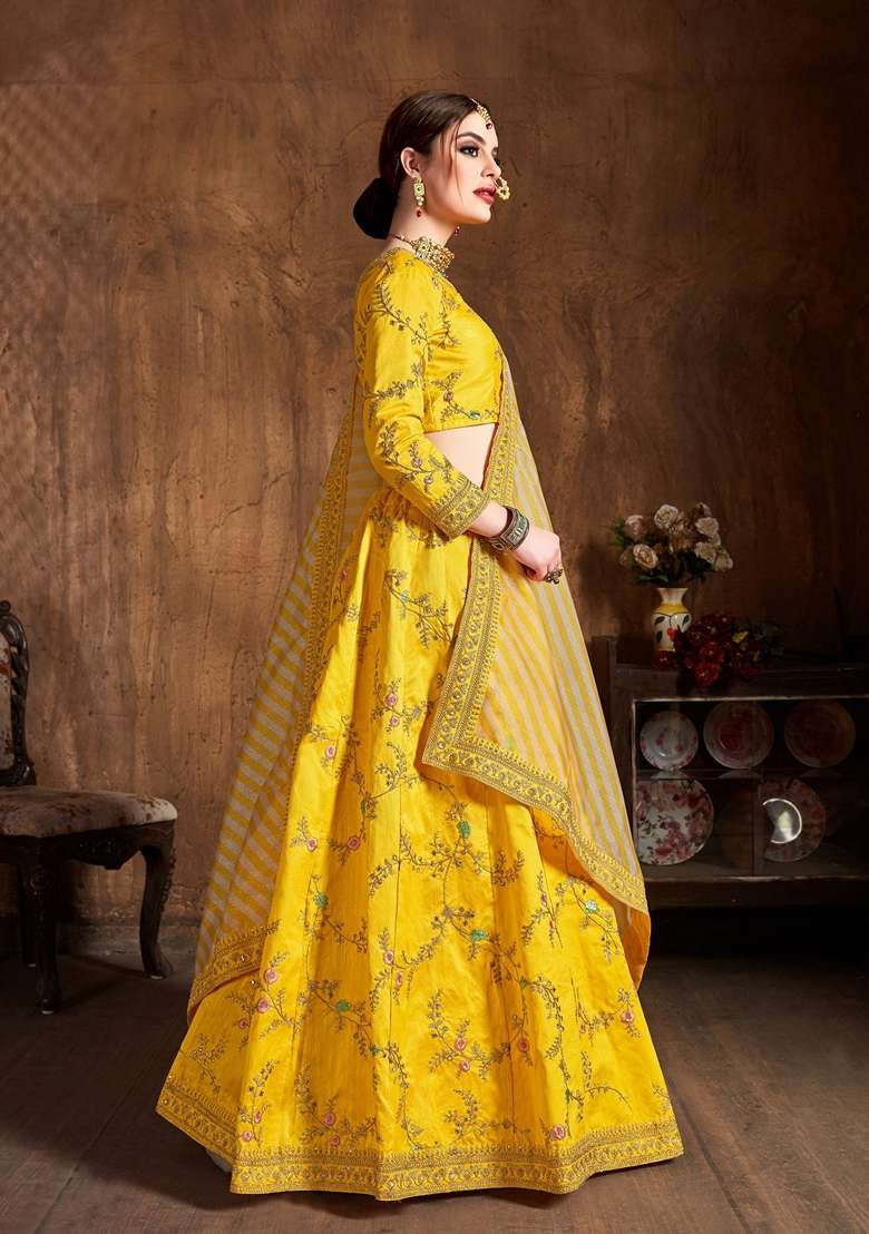 Yellow Zari And Sequin Embroidered Mulberry Silk Blend Lehenga Set for Diwali and Festive Wear - Indya