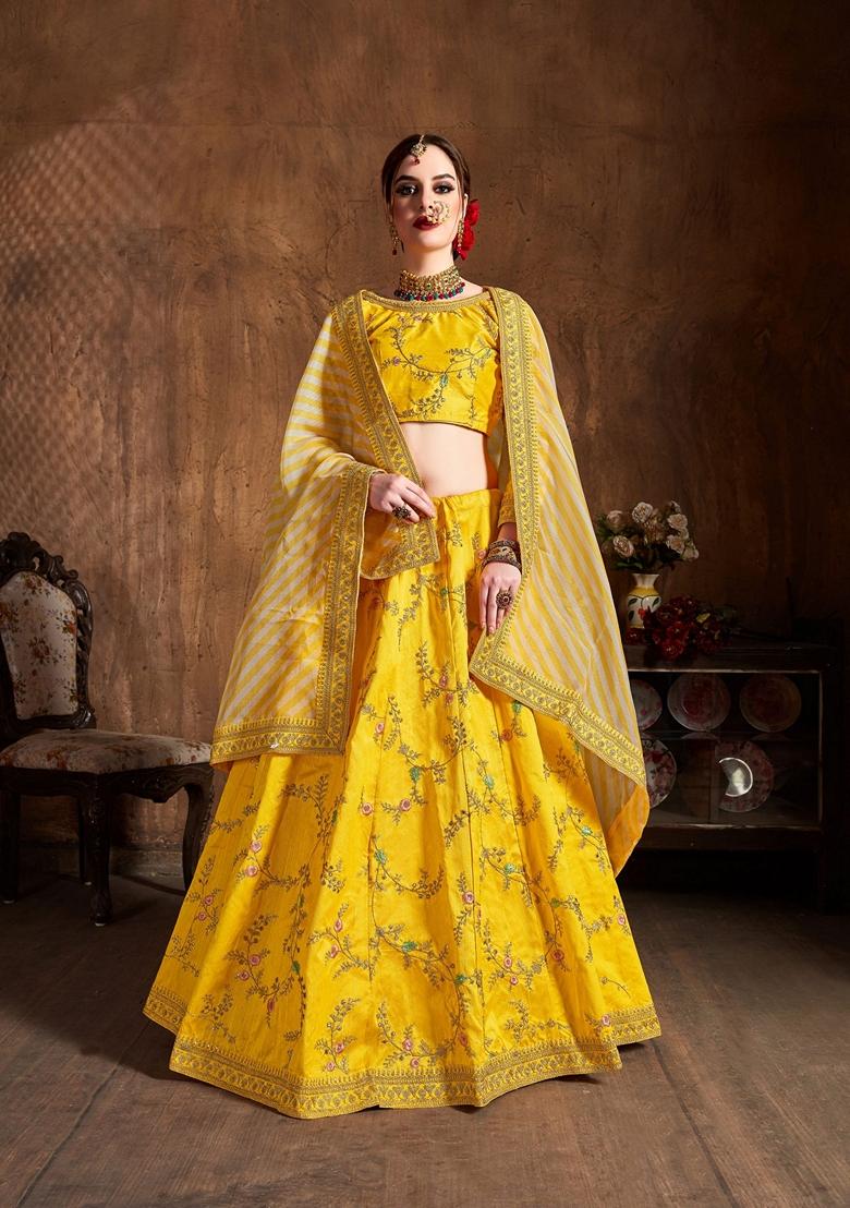 Yellow Zari And Sequin Embroidered Mulberry Silk Lehenga Set