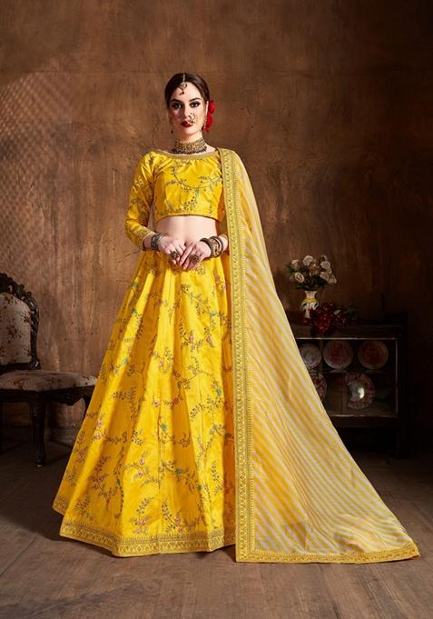 Yellow Zari And Sequin Embroidered Mulberry Silk Lehenga Set