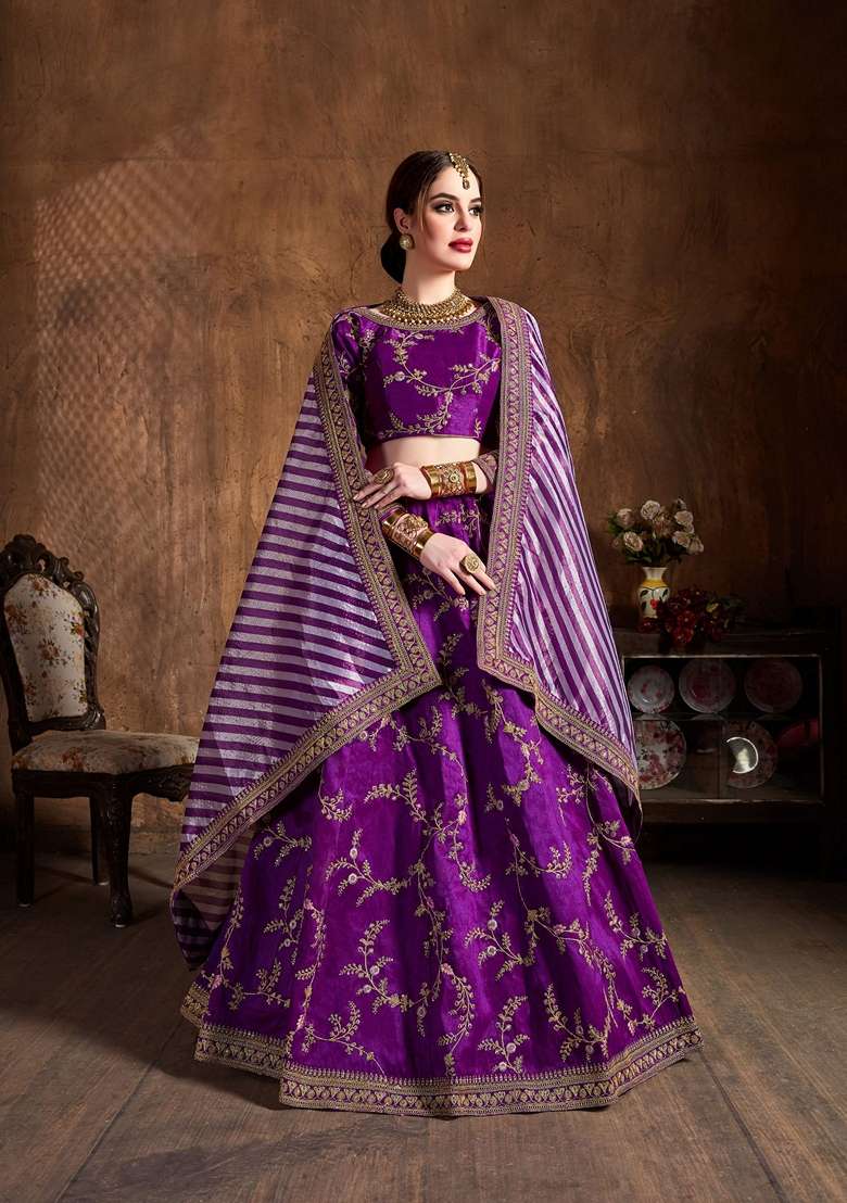Purple Zari And Sequin Embroidered Mulberry Silk Blend Lehenga Set for Diwali and Festive Wear - Indya