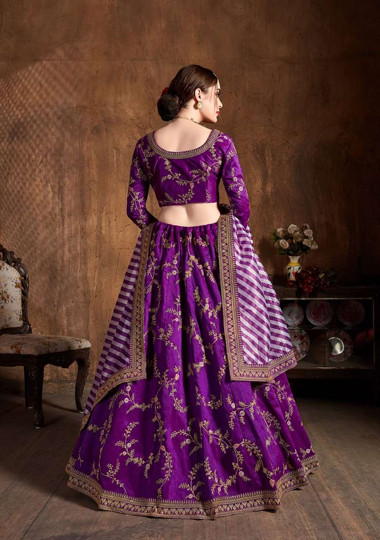 Purple Zari And Sequin Embroidered Mulberry Silk Blend Lehenga Set for Diwali and Festive Wear - Indya