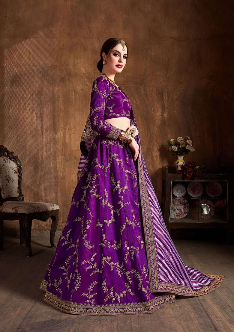 Purple Zari And Sequin Embroidered Mulberry Silk Blend Lehenga Set for Diwali and Festive Wear - Indya