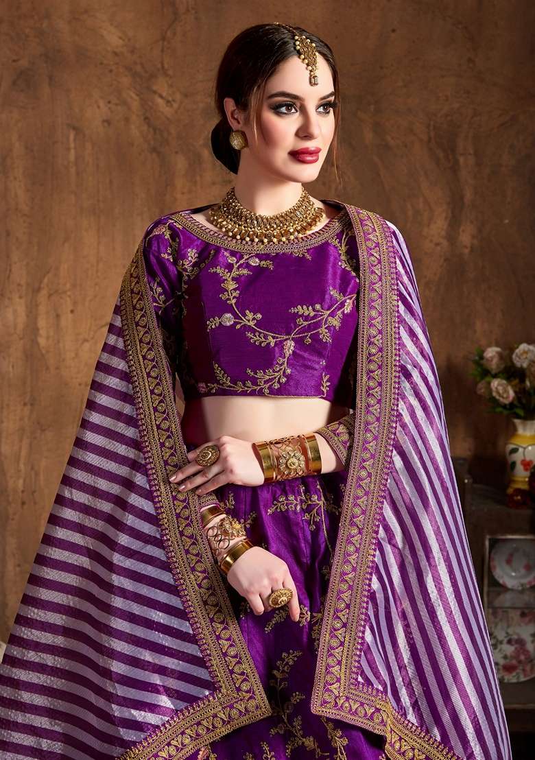 Purple Zari And Sequin Embroidered Mulberry Silk Blend Lehenga Set for Diwali and Festive Wear - Indya