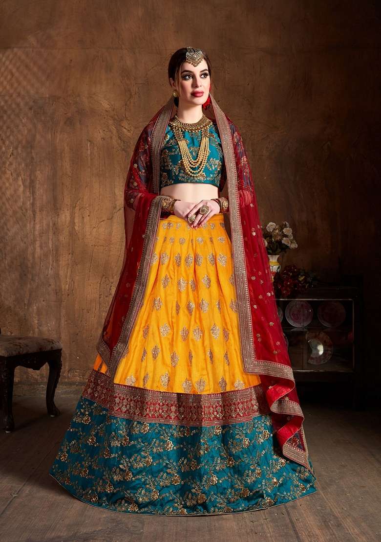Yellow And Green Zari And Sequin Embroidered Lehenga Set for Diwali and Festive Wear - Indya