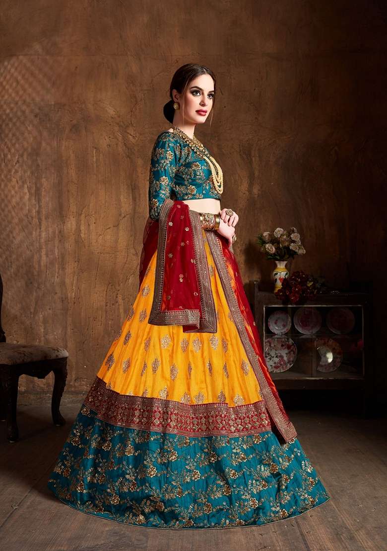 Yellow And Green Zari And Sequin Embroidered Lehenga Set for Diwali and Festive Wear - Indya