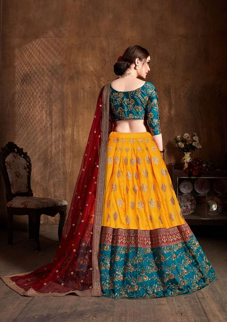Yellow And Green Zari And Sequin Embroidered Lehenga Set for Diwali and Festive Wear - Indya