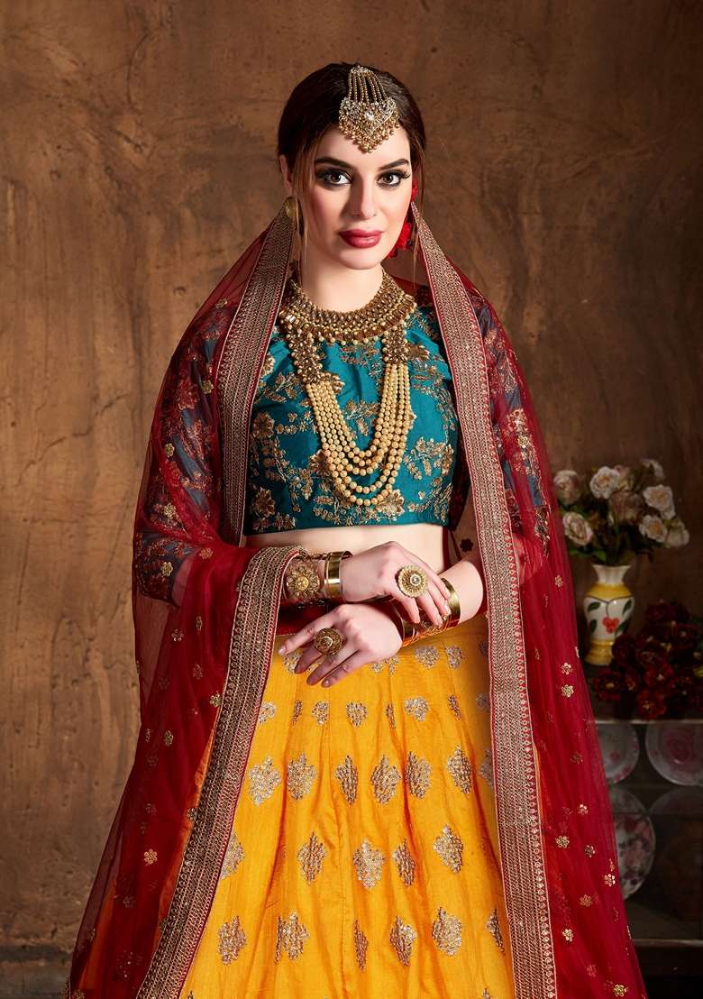 Yellow And Green Zari And Sequin Embroidered Lehenga Set for Diwali and Festive Wear - Indya