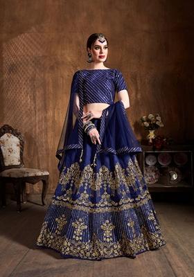 Navy Blue Zari And Sequin Embroidered Art Silk Lehenga Set
