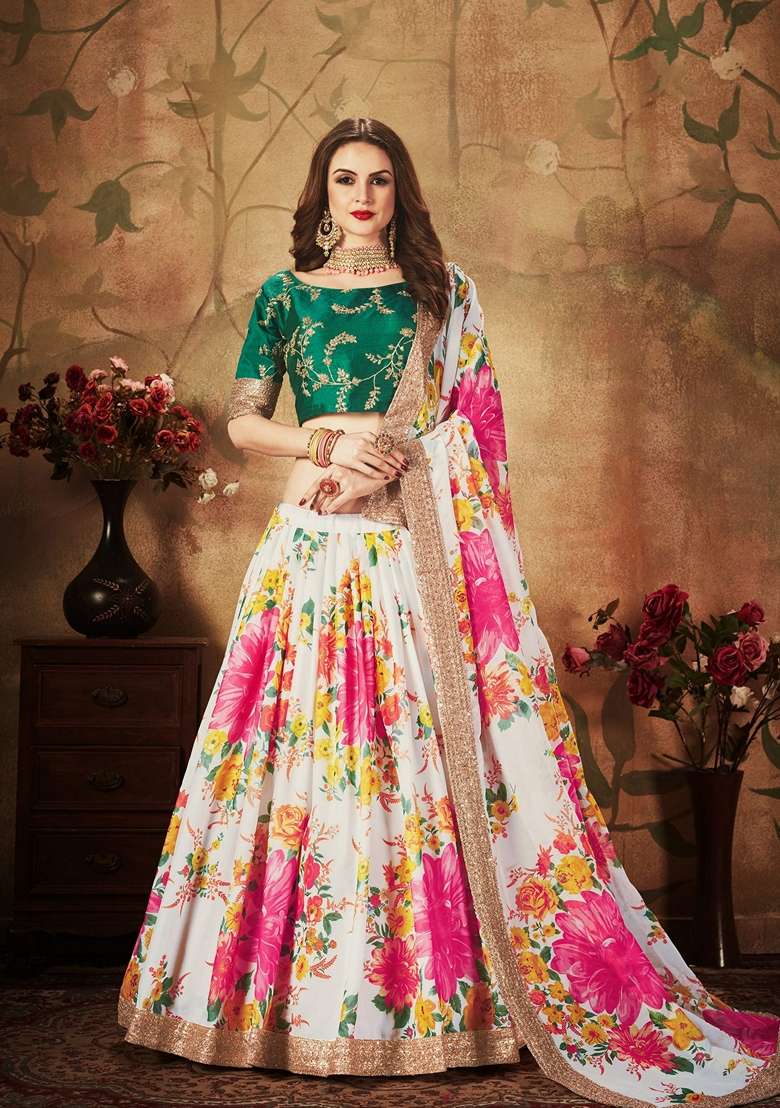 Off White And Green Zari Lehenga Set with Digital Print & Embroidered for Diwali | Wedding & Festive Wear - Indya