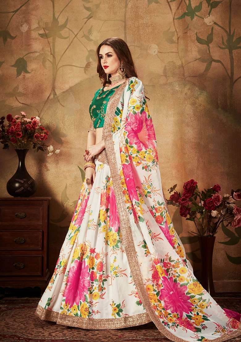 Off White And Green Zari Lehenga Set with Digital Print & Embroidered for Diwali | Wedding & Festive Wear - Indya