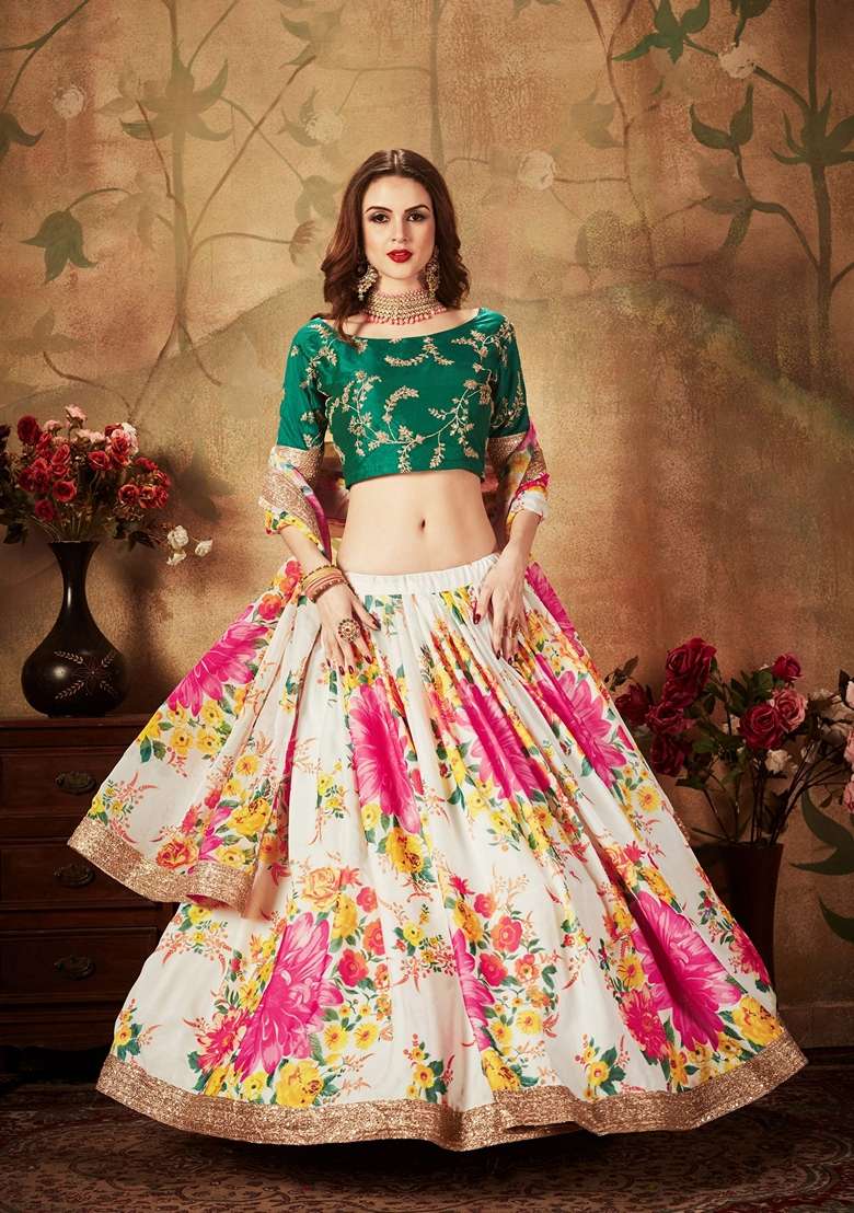 Off White And Green Zari Lehenga Set with Digital Print & Embroidered for Diwali | Wedding & Festive Wear - Indya