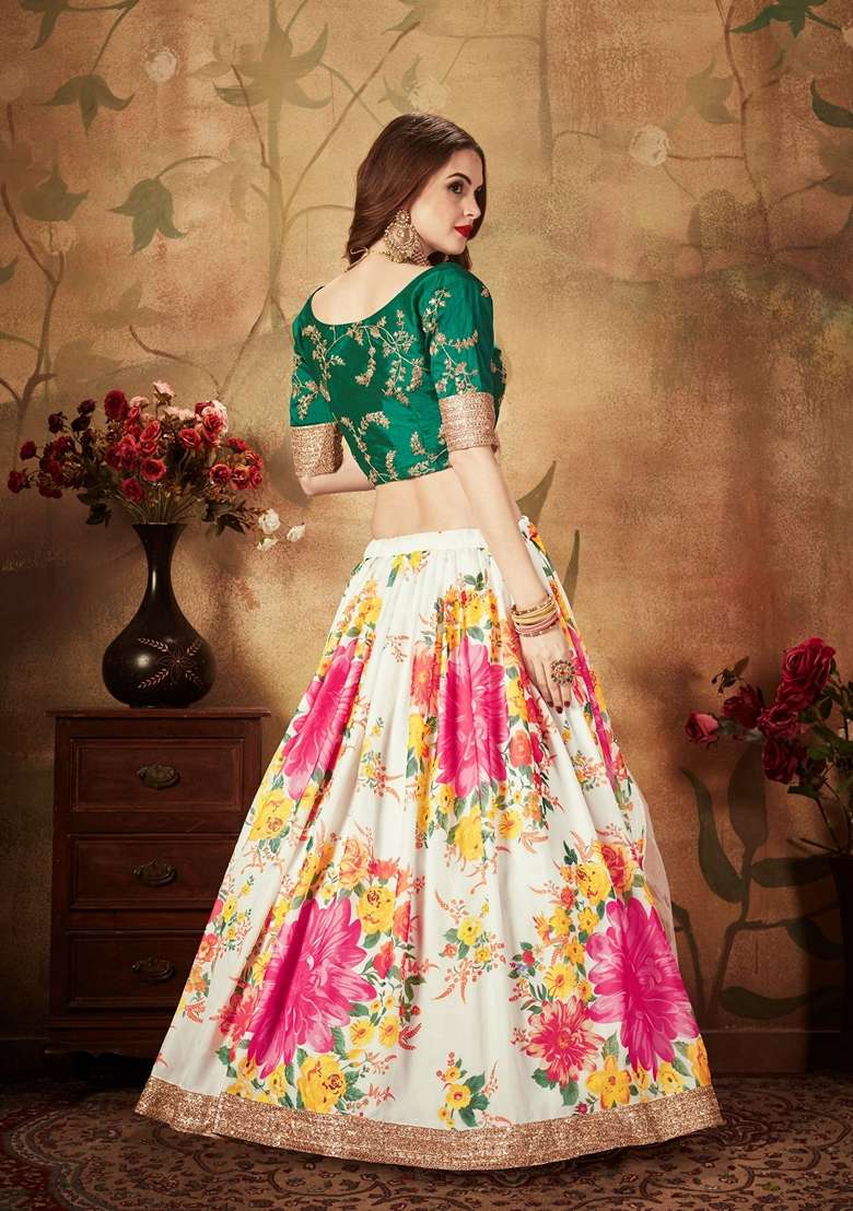 Off White And Green Zari Lehenga Set with Digital Print & Embroidered for Diwali | Wedding & Festive Wear - Indya