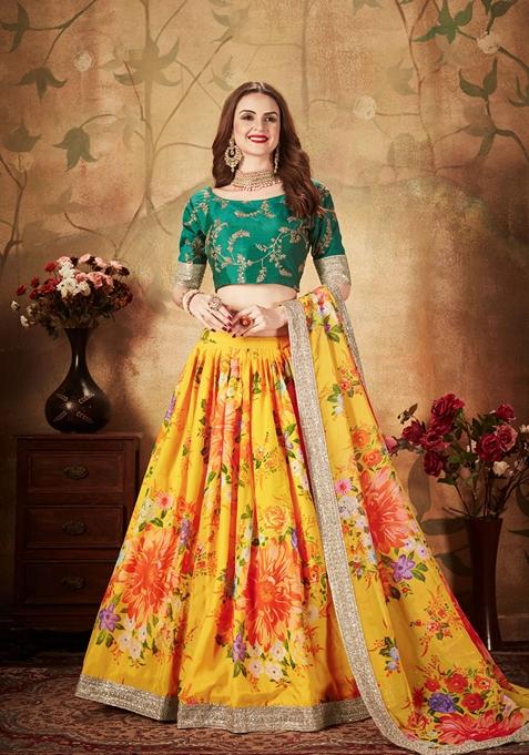 Yellow And Green Digital Print Zari Embroidered Lehenga Set