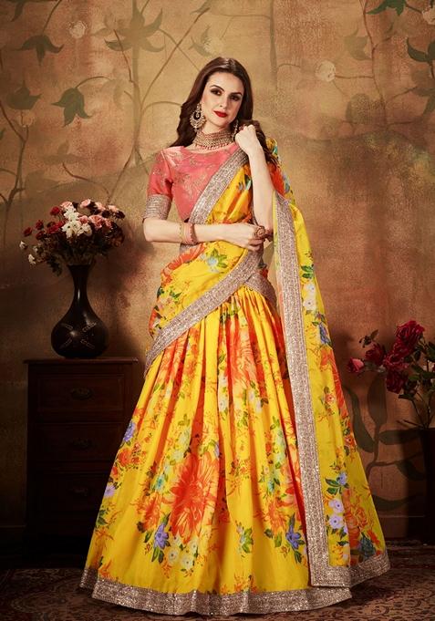 Yellow And Orange Digital Print Zari Embroidered Lehenga Set