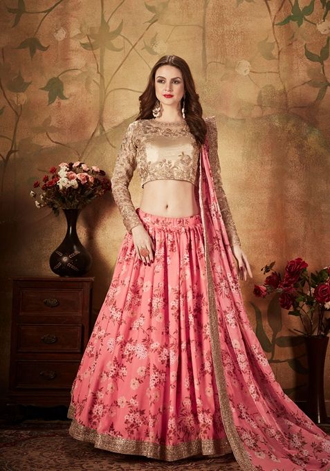 Pink And Beige Digital Print Zari Embroidered Lehenga Set