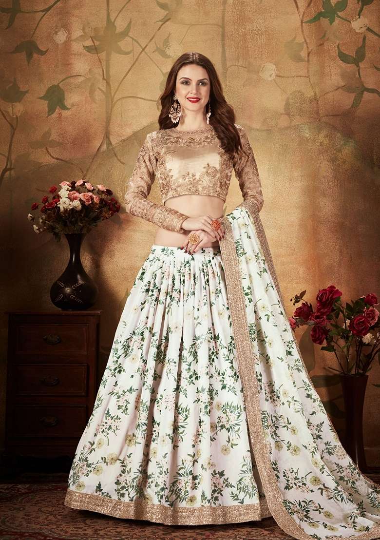 Off White And Beige Digital Print Zari Embroidered Lehenga Set for Diwali and Festive Wear - Indya