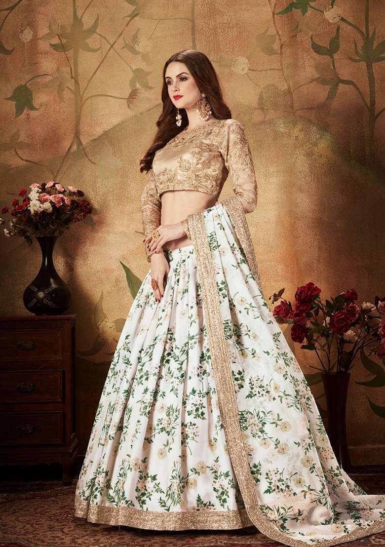 Off White And Beige Digital Print Zari Embroidered Lehenga Set for Diwali and Festive Wear - Indya