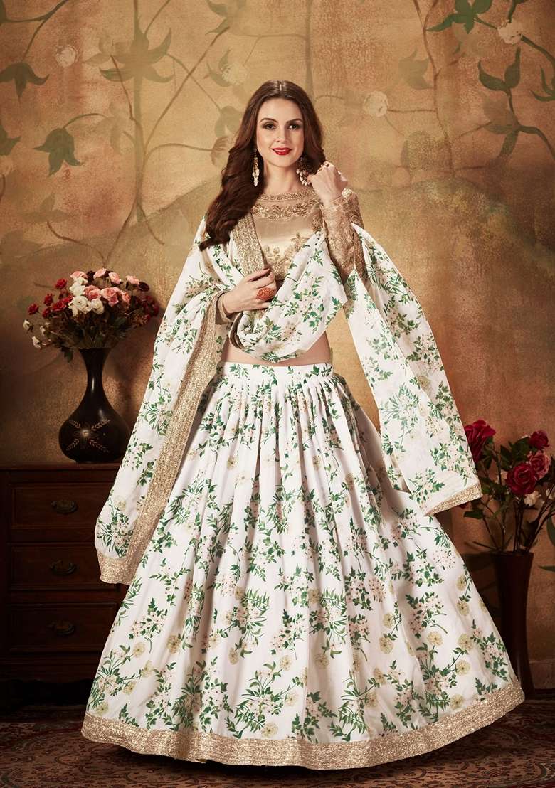 Off White And Beige Digital Print Zari Embroidered Lehenga Set for Diwali and Festive Wear - Indya