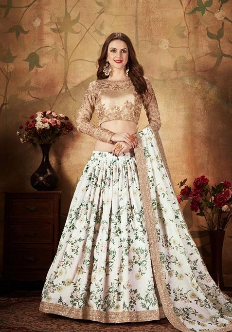 Off White And Beige Digital Print Zari Embroidered Lehenga Set