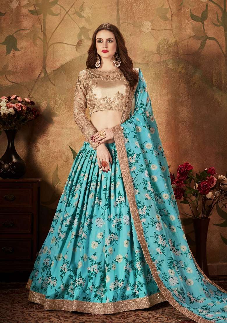 Sky Blue And Beige Zari Lehenga Set with Digital Print & Embroidered for Diwali | Wedding & Festive Wear - Indya