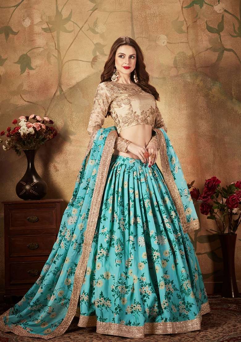Sky Blue And Beige Zari Lehenga Set with Digital Print & Embroidered for Diwali | Wedding & Festive Wear - Indya