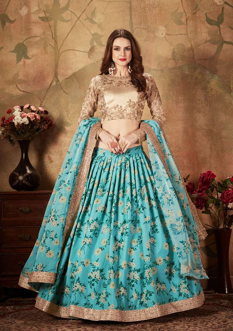 Sky Blue And Beige Zari Lehenga Set with Digital Print & Embroidered for Diwali | Wedding & Festive Wear - Indya