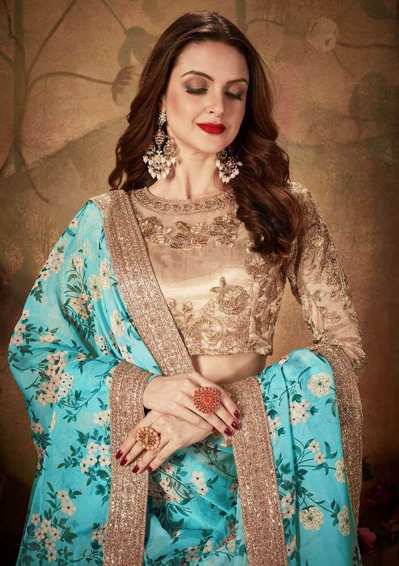 Sky Blue And Beige Zari Lehenga Set with Digital Print & Embroidered for Diwali | Wedding & Festive Wear - Indya