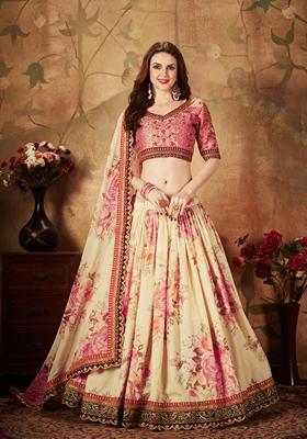 Peach And Beige Digital Print Zari Embroidered Lehenga Set