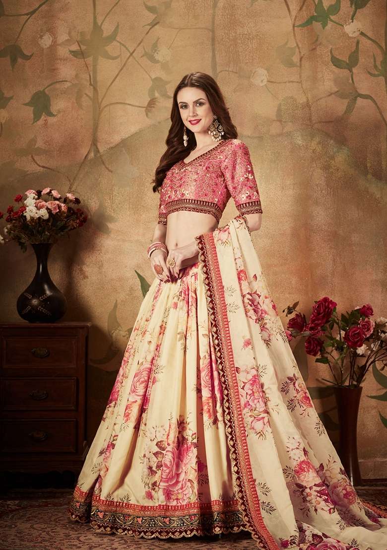 Peach And Beige Zari Lehenga Set with Digital Print & Embroidered for Diwali | Wedding & Festive Wear - Indya