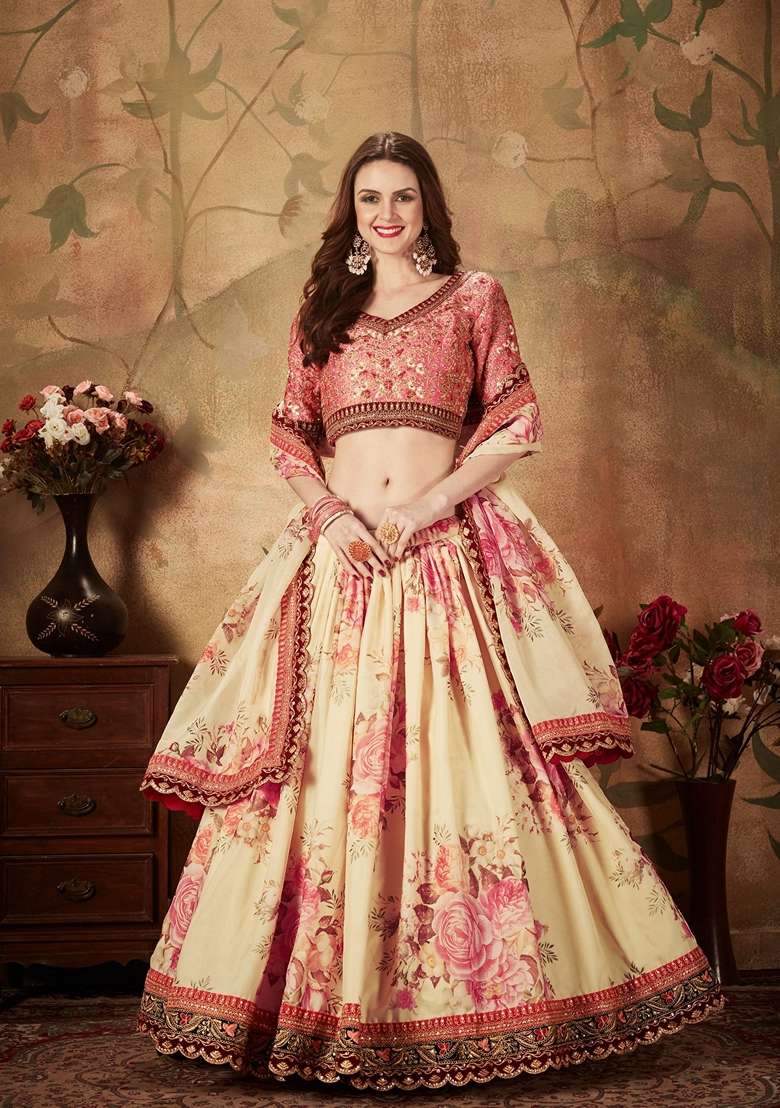 Peach And Beige Zari Lehenga Set with Digital Print & Embroidered for Diwali | Wedding & Festive Wear - Indya