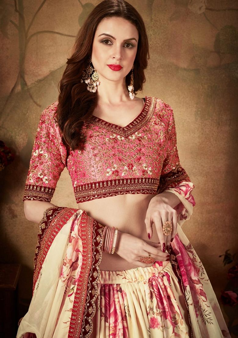 Peach And Beige Digital Print Zari Embroidered Lehenga Set - Indya