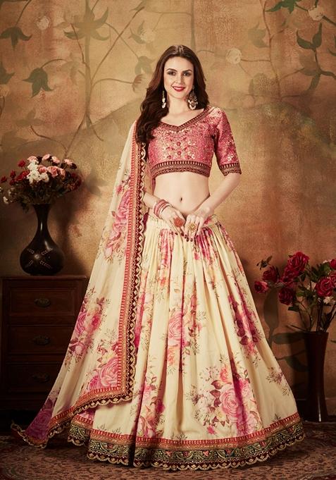 Peach And Beige Digital Print Zari Embroidered Lehenga Set