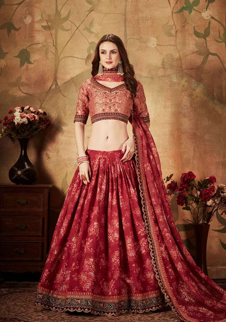 Peach And Maroon Zari Lehenga Set with Digital Print & Embroidered for Diwali | Wedding & Festive Wear - Indya