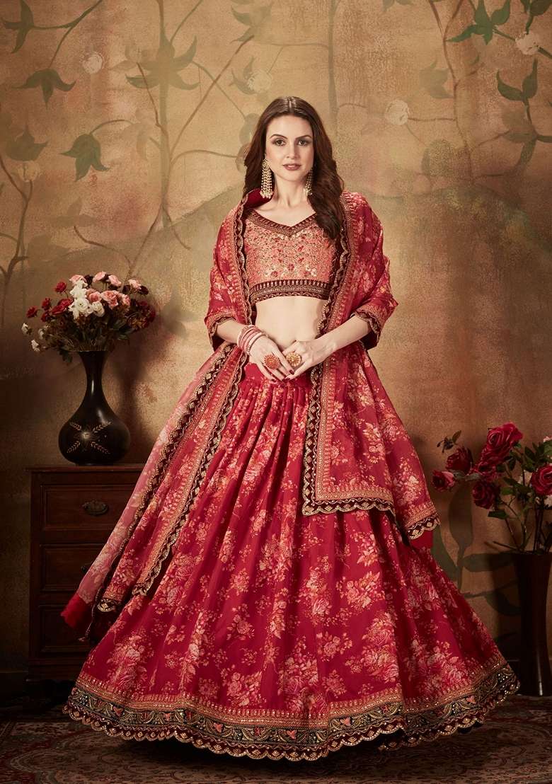 Peach And Maroon Zari Lehenga Set with Digital Print & Embroidered for Diwali | Wedding & Festive Wear - Indya