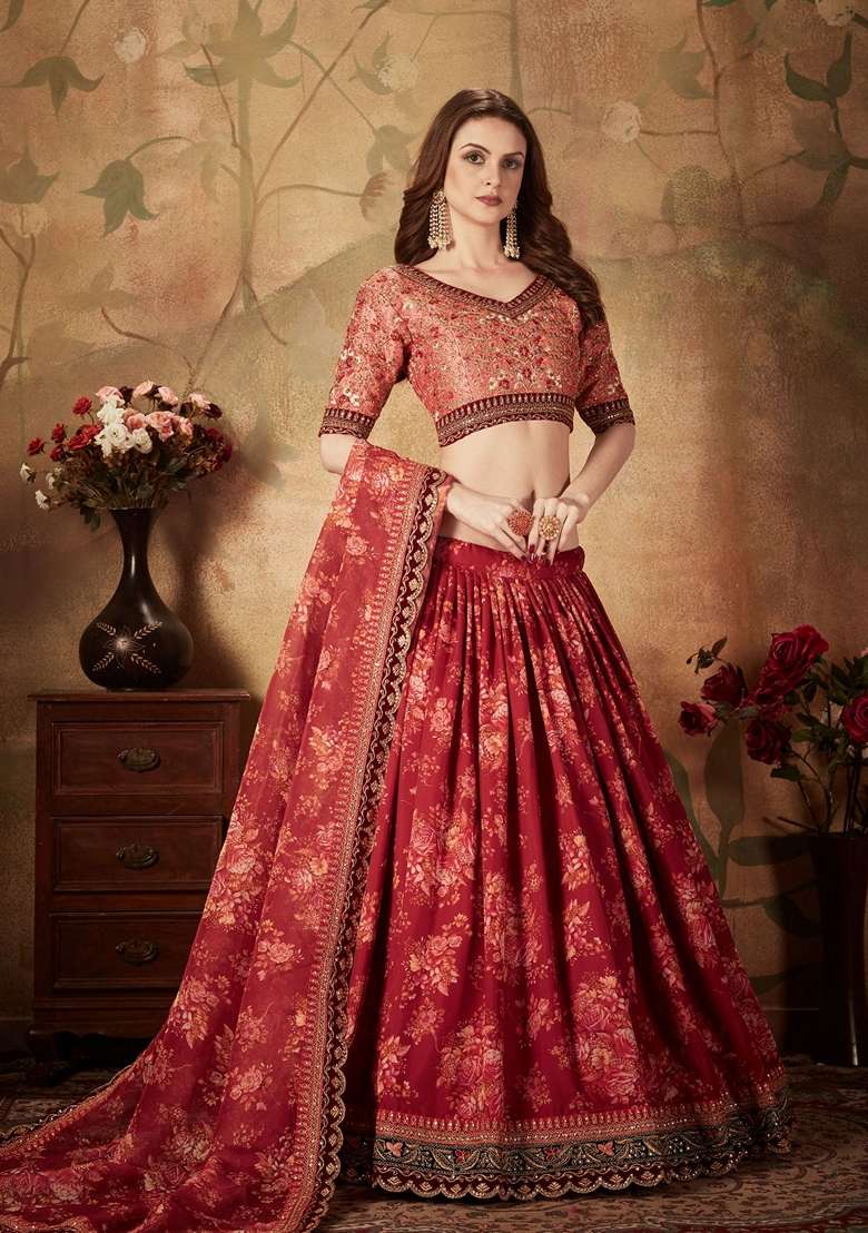 Peach And Maroon Zari Lehenga Set with Digital Print & Embroidered for Diwali | Wedding & Festive Wear - Indya