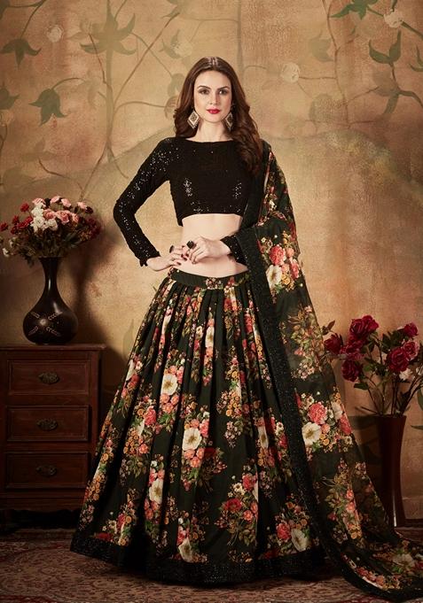 Black Digital Print Zari Embroidered Lehenga Set