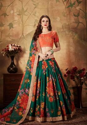 Green And Orange Digital Print Zari Embroidered Lehenga Set