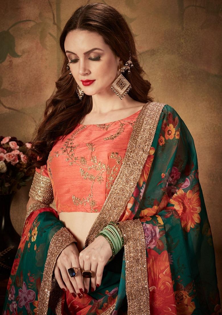 Green And Orange Digital Print Zari Embroidered Lehenga Set - Indya