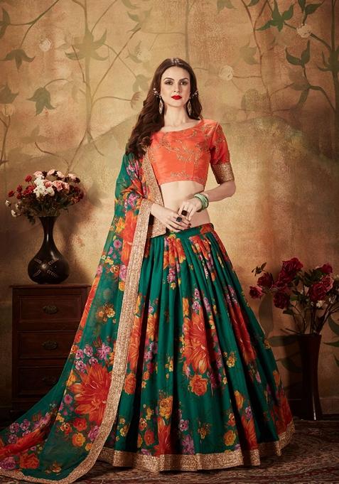 Green And Orange Digital Print Zari Embroidered Lehenga Set