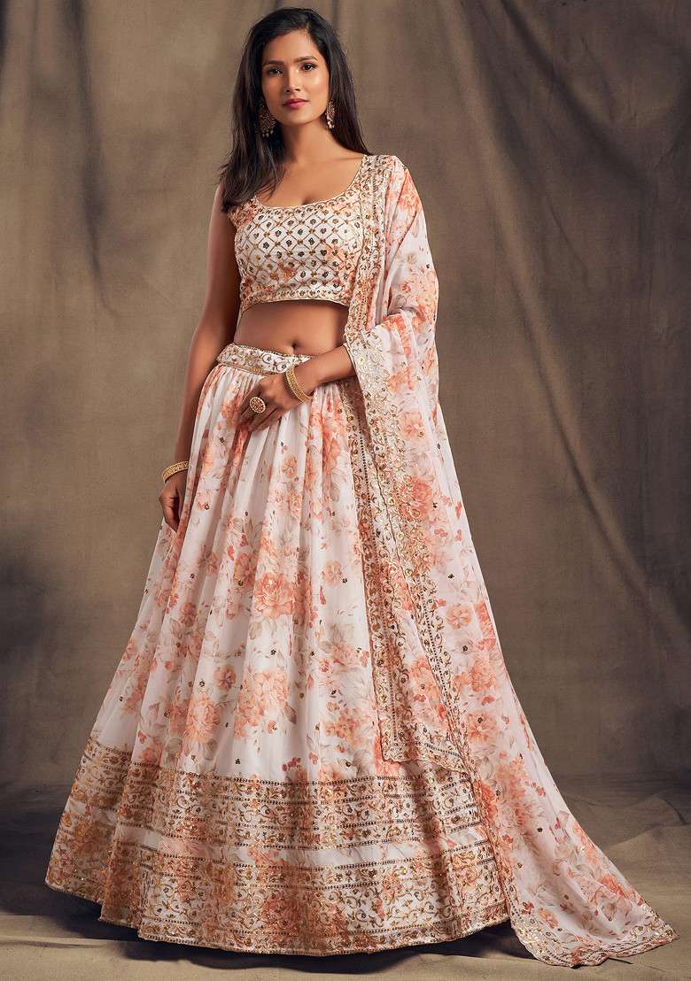 White Floral Print Sequin Embroidered Lehenga Set for Diwali and Festive Wear - Indya