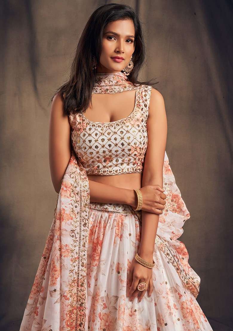 White Floral Print Sequin Embroidered Lehenga Set for Diwali and Festive Wear - Indya