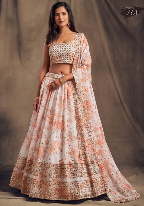 White Floral Print Sequin Embroidered Lehenga Set