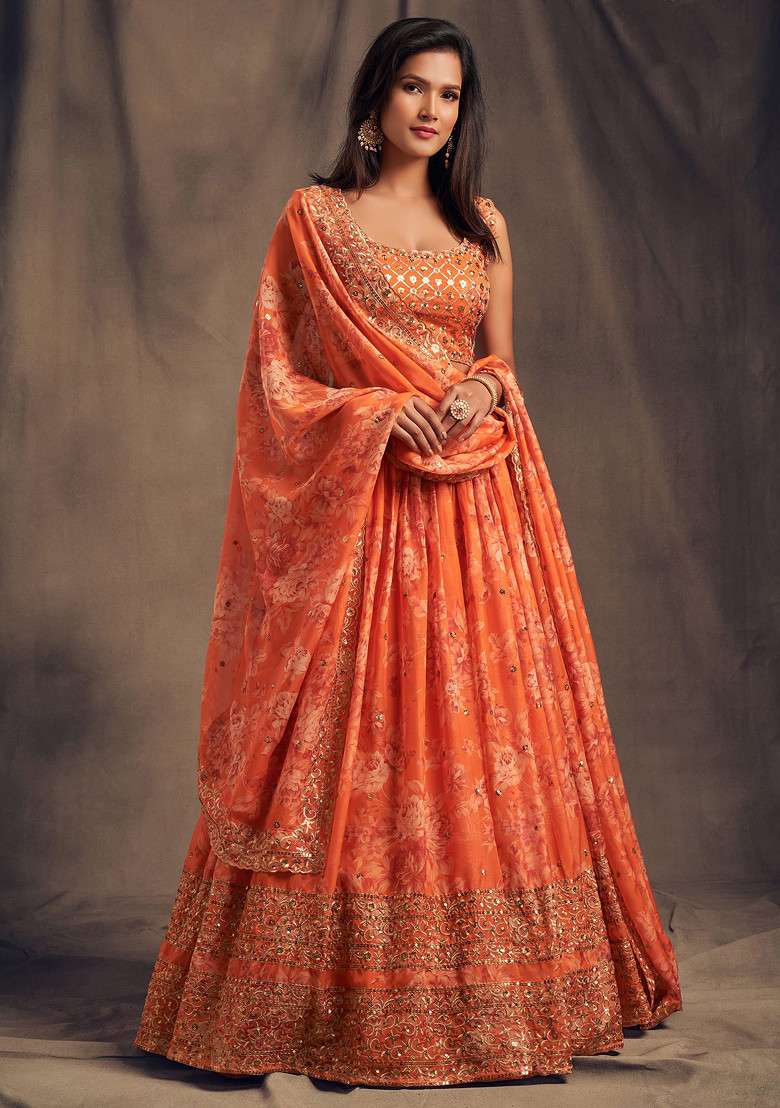 Orange Floral Print Sequin Embroidered Lehenga Set for Diwali and Festive Wear - Indya