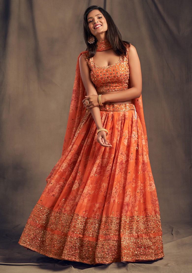 Orange Floral Print Sequin Embroidered Lehenga Set