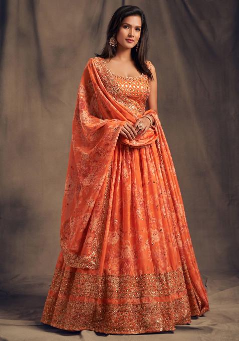 Orange Floral Print Sequin Embroidered Lehenga Set