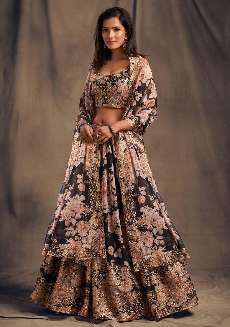 Black Floral Print Sequin Embroidered Lehenga Set